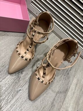 Alexandre Birman Nude Patent Pointed-Toe Studded Ankle-Strap Pumps